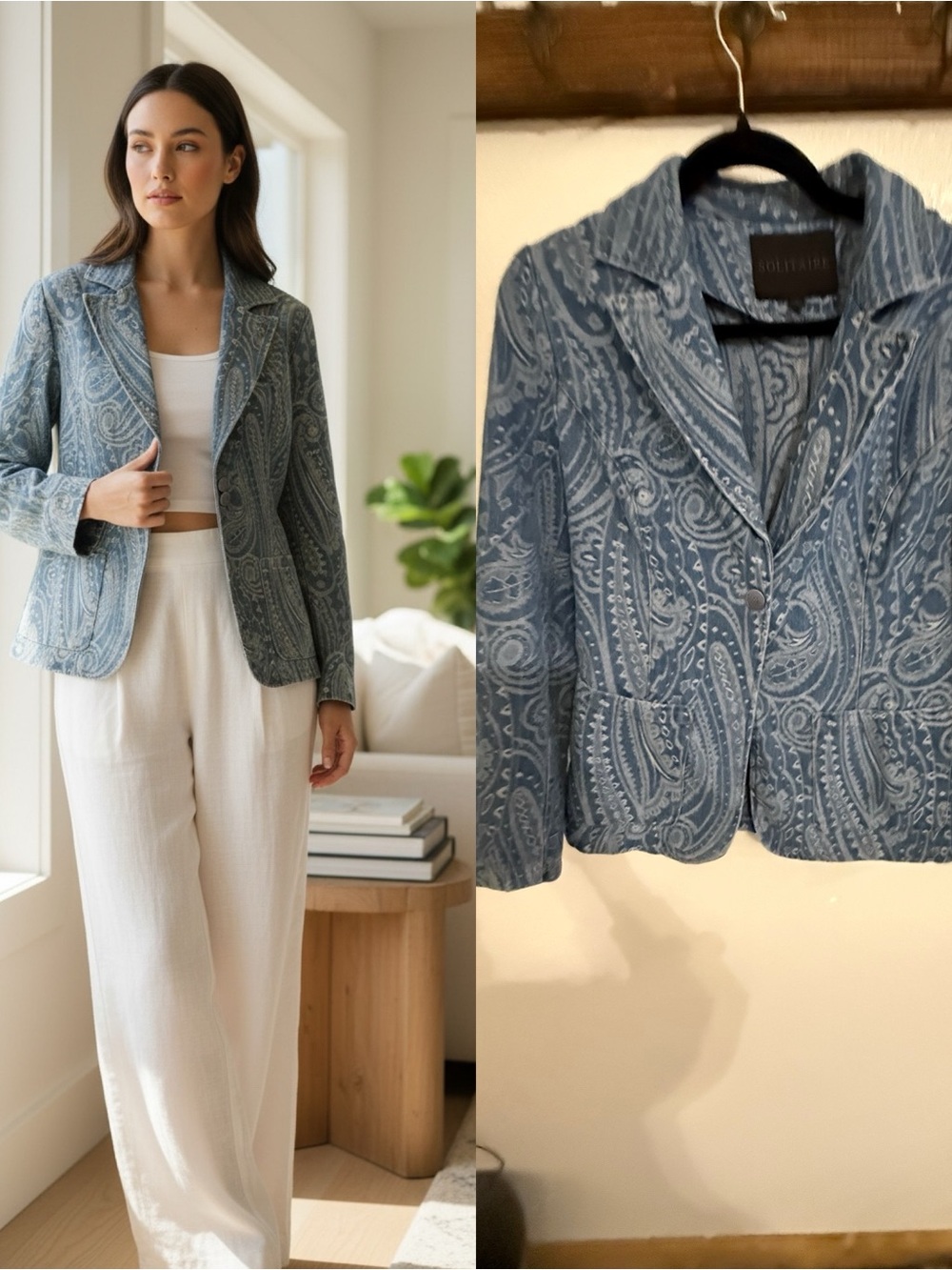 Solitaire Blue Paisley Print Blazer Jacket Women’s Small Career Chic